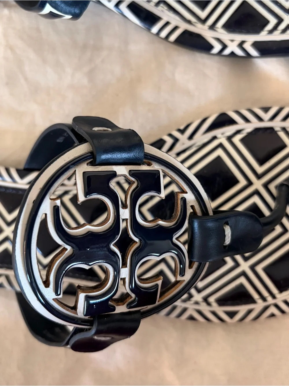 Tory Burch Navy and White Metal Miller Geometric Logo Thong Sandals